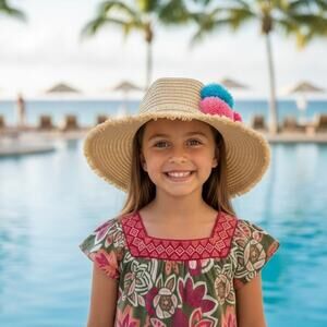 Snapperrock Tan 100% Grass Girls Pom Pom Sun Hat S/M